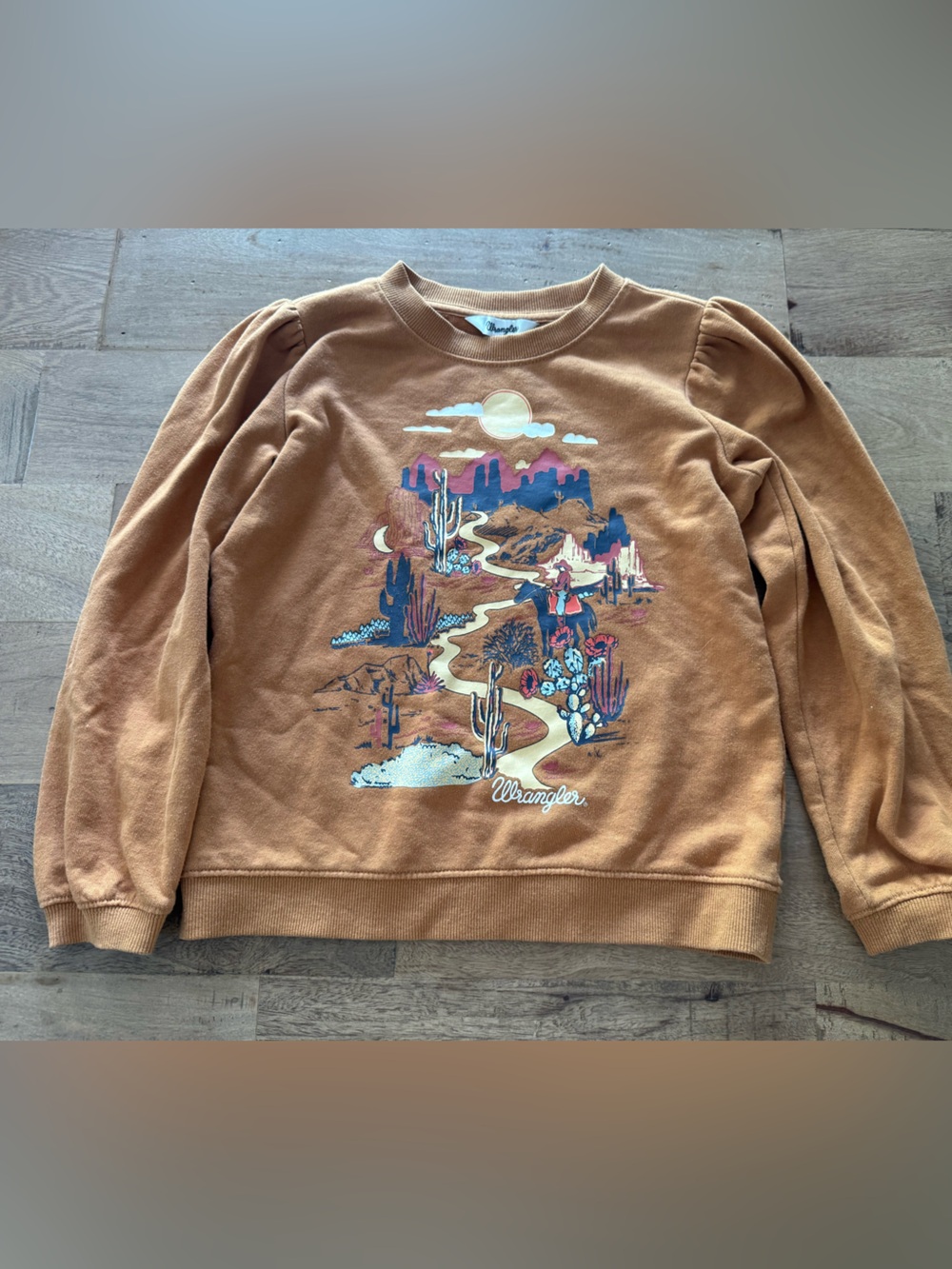 Wrangler Girls desert scenery western puff shoulder Sweatshirt Brown medium